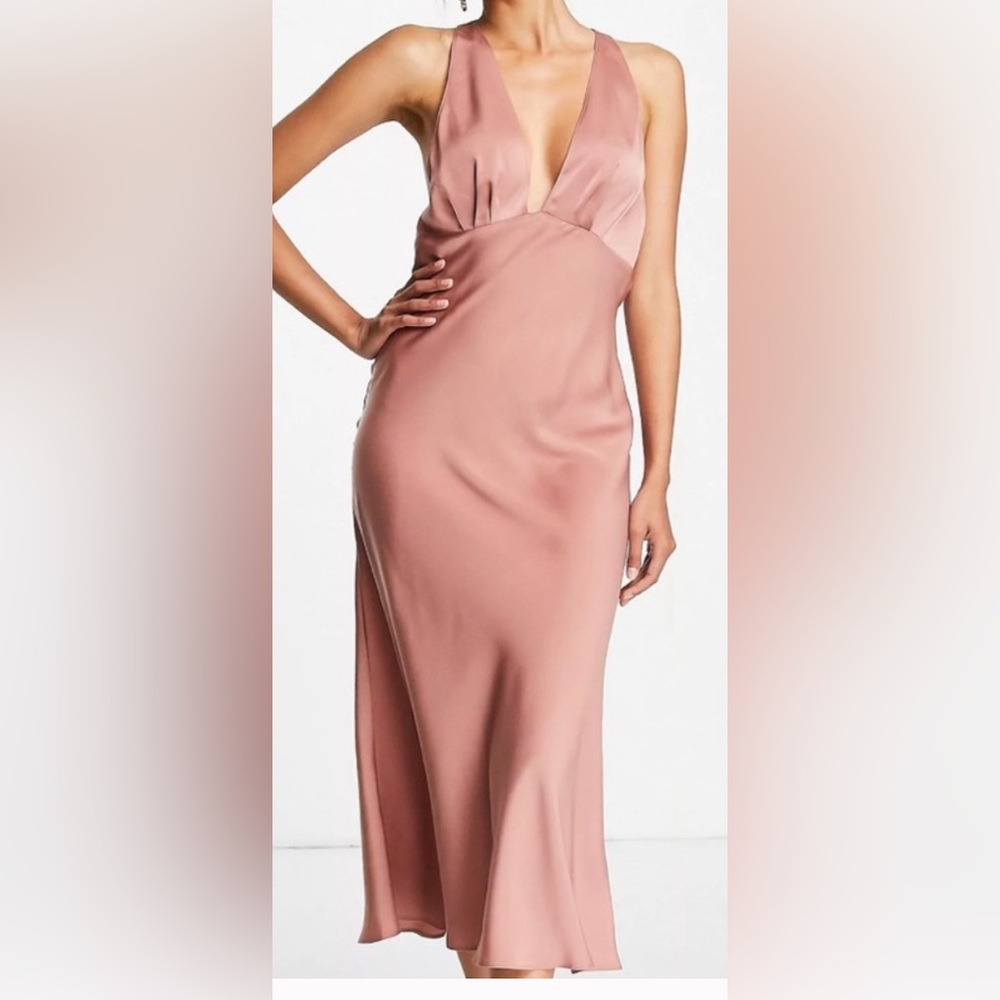 New - ASOS Design Satin Bias Cut Plunge Racer Back Midi Dress